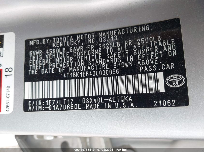 2013 Toyota Avalon Xle Touring VIN: 4T1BK1EB4DU030096 Lot: 39785519