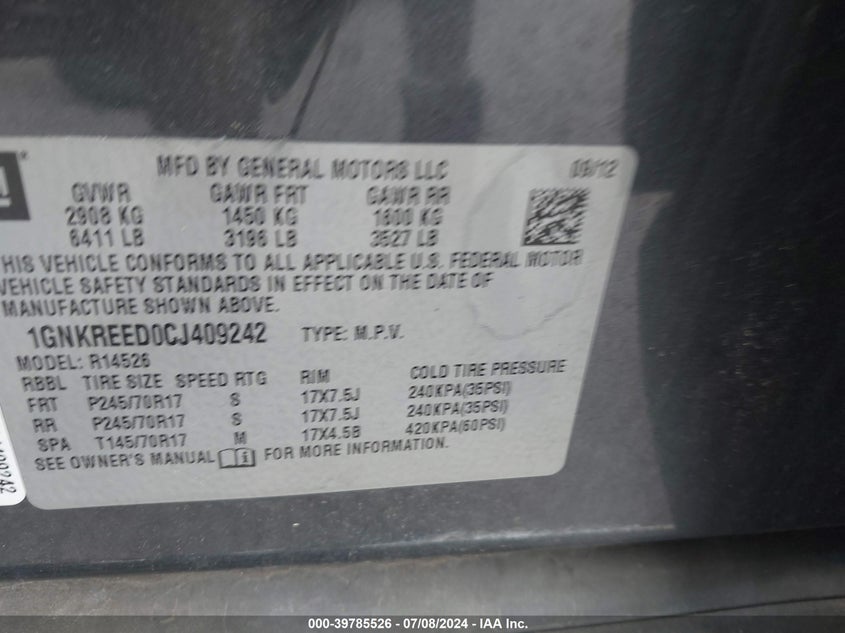 2012 Chevrolet Traverse Ls VIN: 1GNKREED0CJ409242 Lot: 39785526