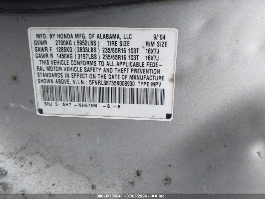 2005 Honda Odyssey Ex-L VIN: 5FNRL38735B008930 Lot: 39785541