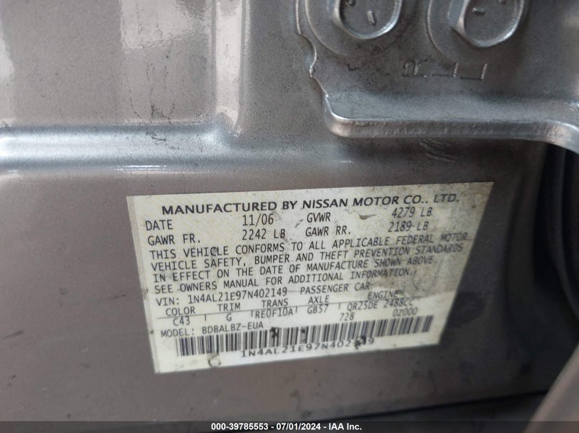 2007 Nissan Altima 2.5 S VIN: 1N4AL21E97N402149 Lot: 39785553