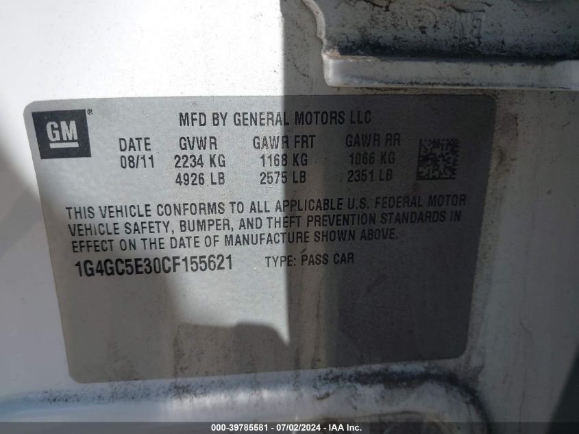 2012 Buick Lacrosse Leather Group VIN: 1G4GC5E30CF155621 Lot: 39785581