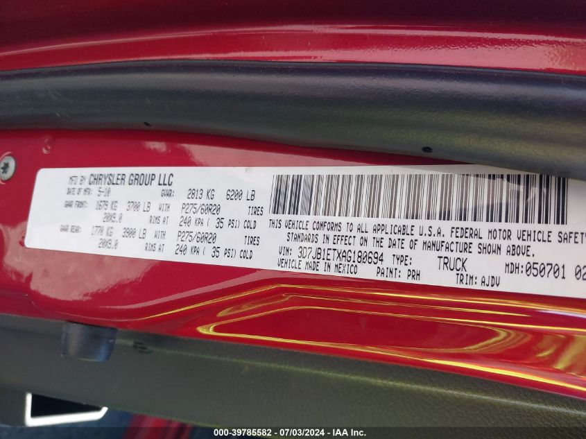 2010 Dodge Ram 1500 Slt/Sport/Trx VIN: 3D7JB1ETXAG180694 Lot: 39785582