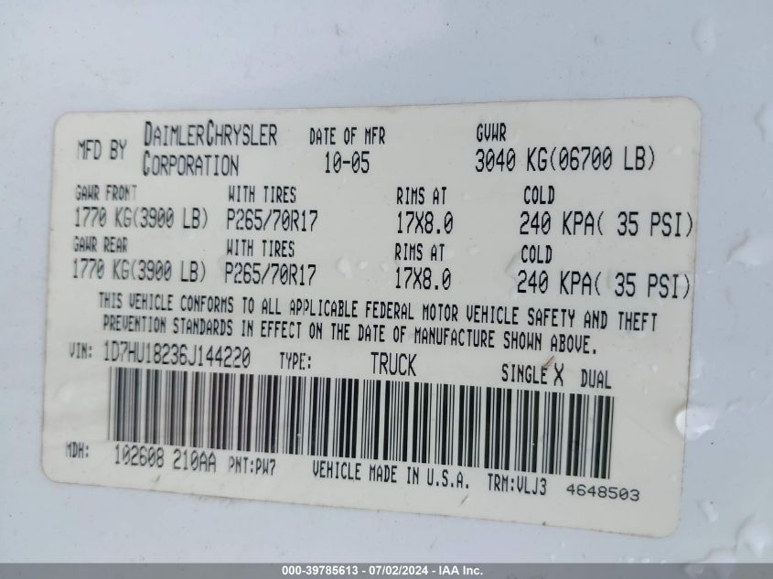 2006 Dodge Ram 1500 Laramie VIN: 1D7HU18236J144220 Lot: 39785613