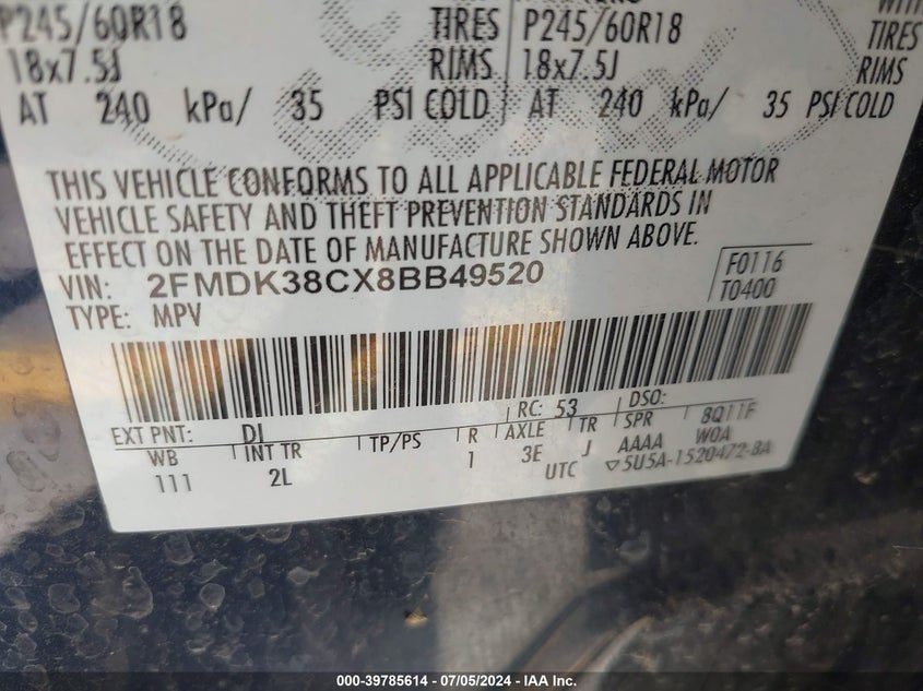 2008 Ford Edge Sel VIN: 2FMDK38CX8BB49520 Lot: 39785614