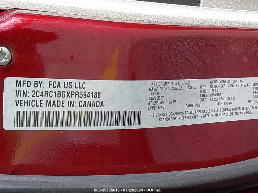 2023 Chrysler Pacifica Touring L VIN: 2C4RC1BGXPR594188 Lot: 39785615