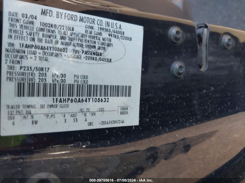 2004 Ford Thunderbird VIN: 1FAHP60A64Y108632 Lot: 39785616