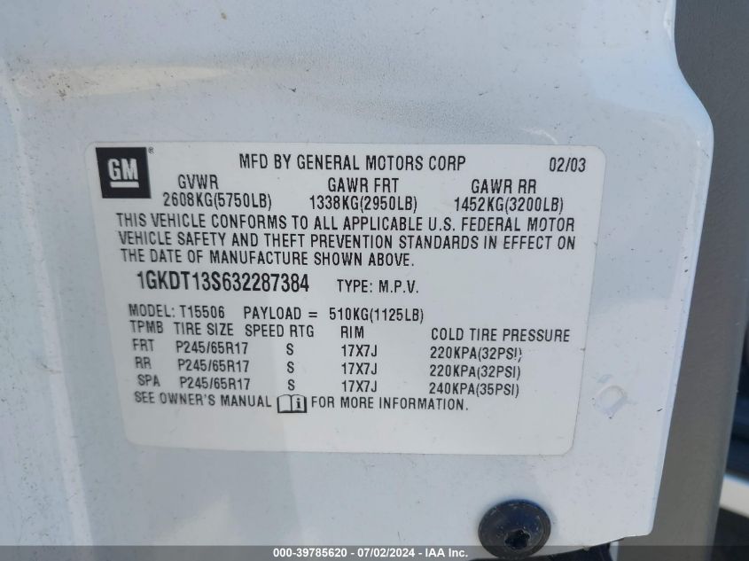 2003 GMC Envoy Sle VIN: 1GKDT13S632287384 Lot: 39785620