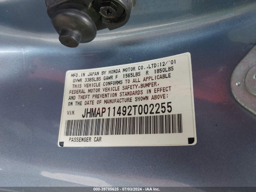 2002 Honda S2000 VIN: JHMAP11492T002255 Lot: 39785625