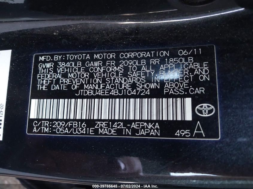 2011 Toyota Corolla Le VIN: JTDBU4EE4BJ104724 Lot: 39785645