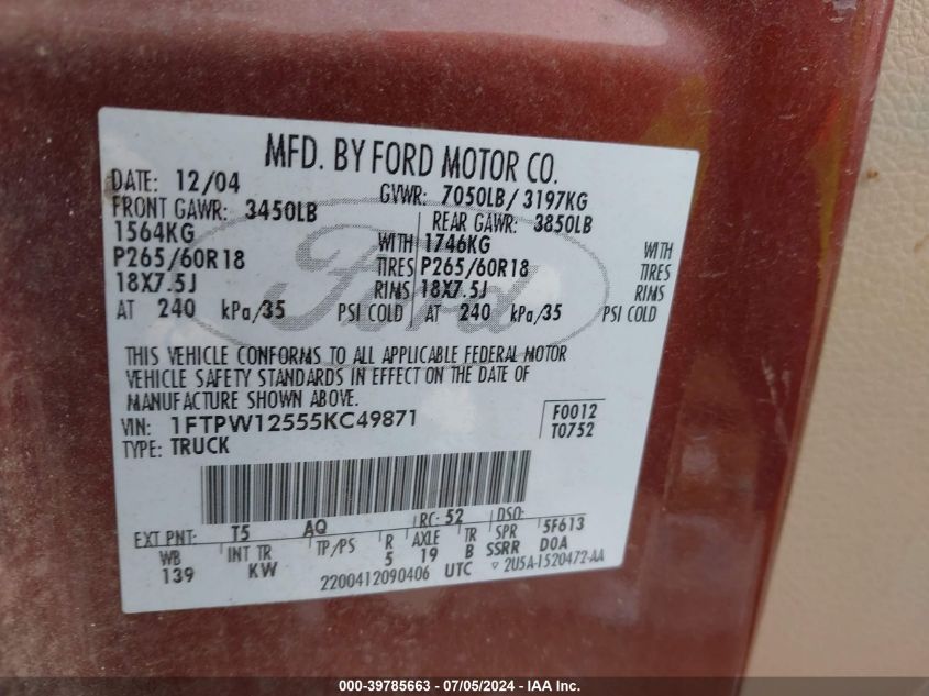 2005 Ford F-150 Lariat/Xlt VIN: 1FTPW12555KC49871 Lot: 39785663