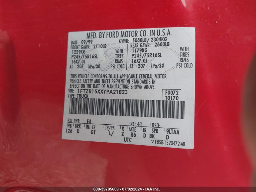 2000 Ford Ranger Xlt VIN: 1FTZR15XXYPA21823 Lot: 39785669