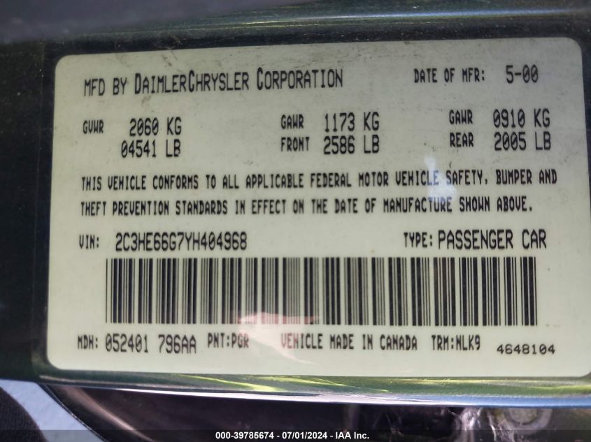 2000 Chrysler 300M VIN: 2C3HE66G7YH404968 Lot: 39785674
