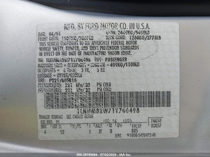 2001 Lincoln Town Car Signature VIN: 1LNHM82W71Y706498 Lot: 39785684