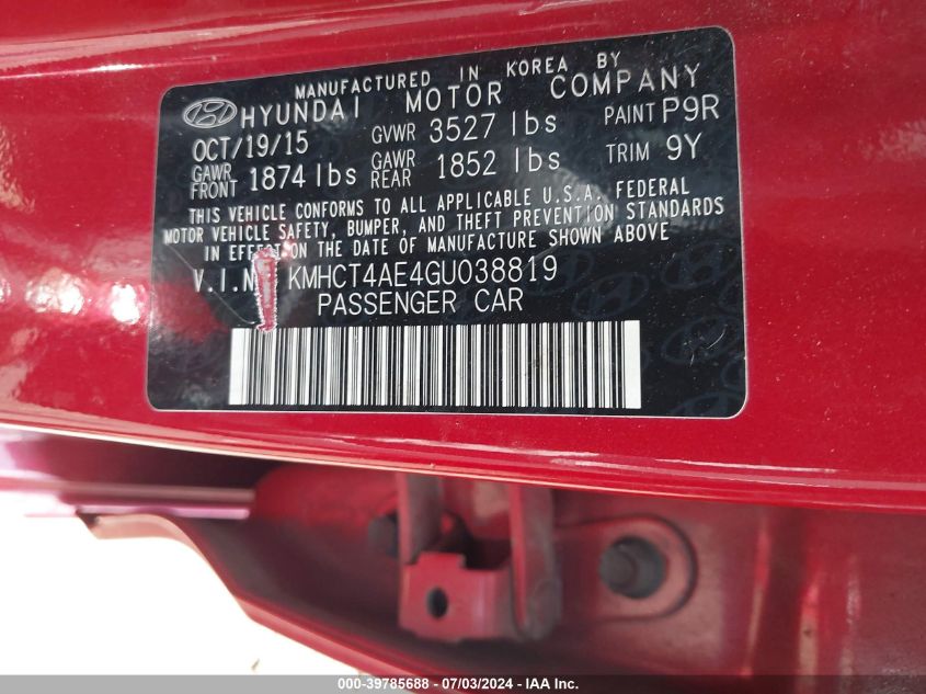 2016 Hyundai Accent Se VIN: KMHCT4AE4GU038819 Lot: 39785688