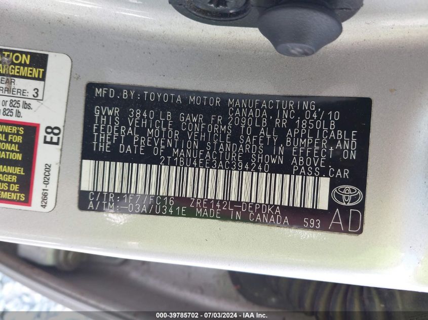 2010 Toyota Corolla Le VIN: 2T1BU4EE3AC394240 Lot: 39785702