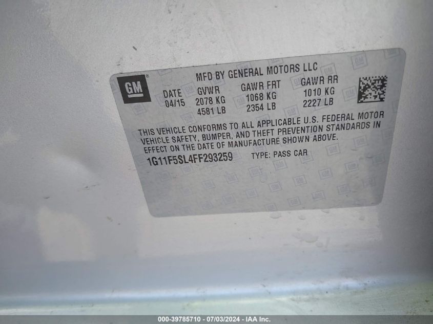 2015 Chevrolet Malibu 1Lz VIN: 1G11F5SL4FF293259 Lot: 39785710