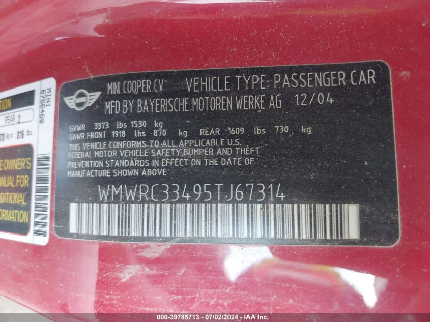 2005 Mini Cooper VIN: WMWRC33495TJ67314 Lot: 39785713