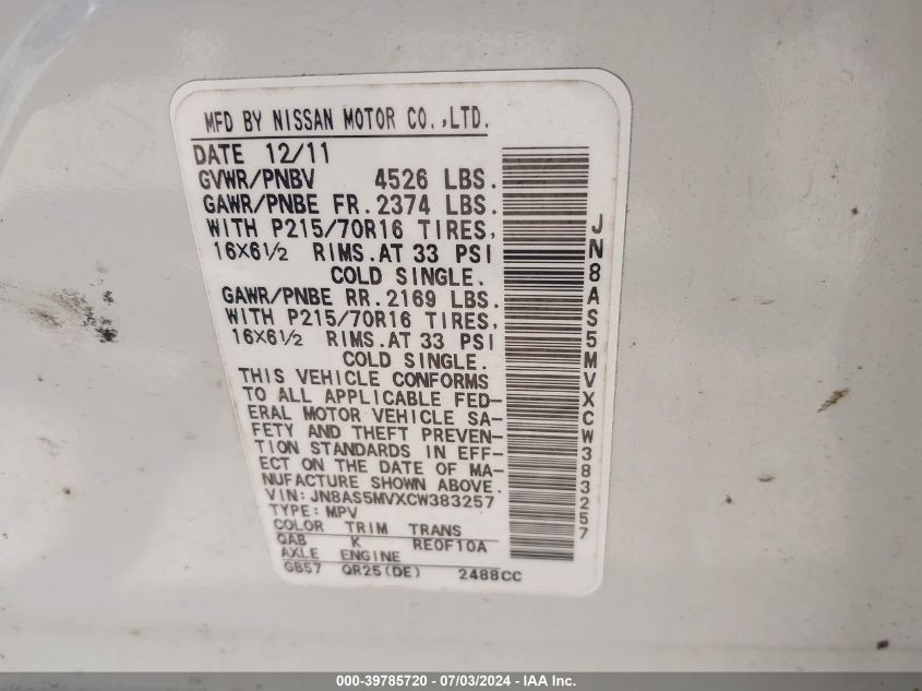 2012 Nissan Rogue S VIN: JN8AS5MVXCW383257 Lot: 39785720