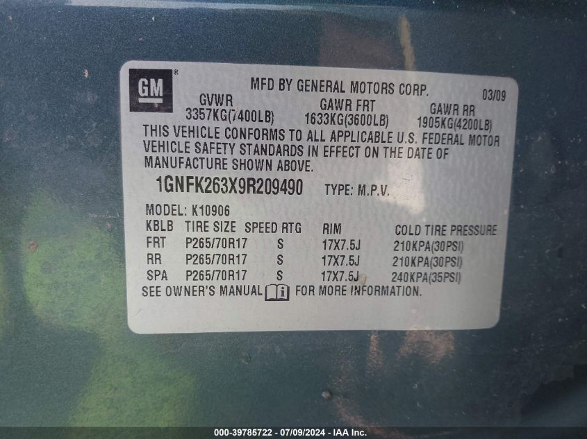 2009 Chevrolet Suburban 1500 Lt1 VIN: 1GNFK263X9R209490 Lot: 39785722