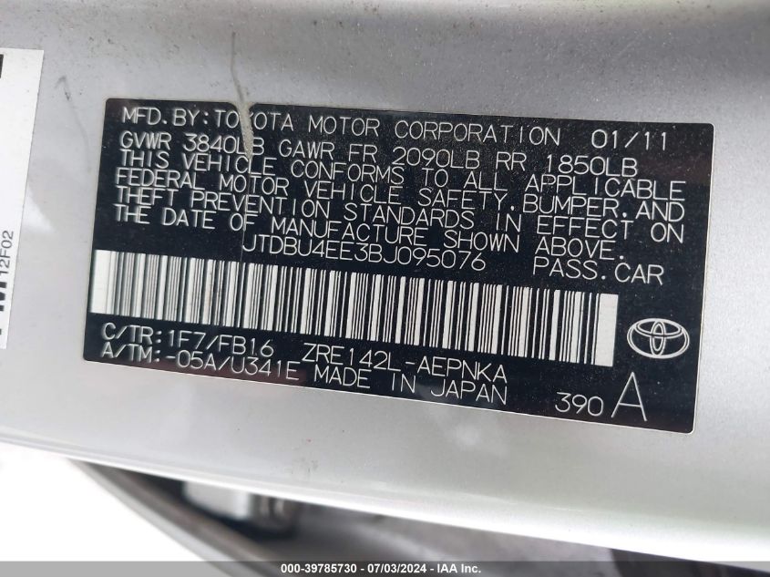 2011 Toyota Corolla Le VIN: JTDBU4EE3BJ095076 Lot: 39785730