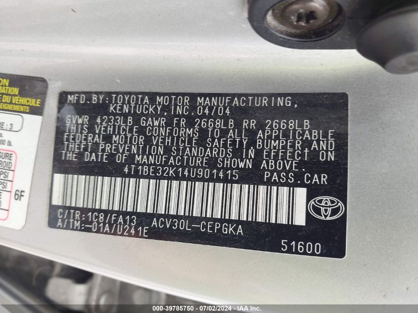 2004 Toyota Camry Xle VIN: 4T1BE32K14U901415 Lot: 39785750