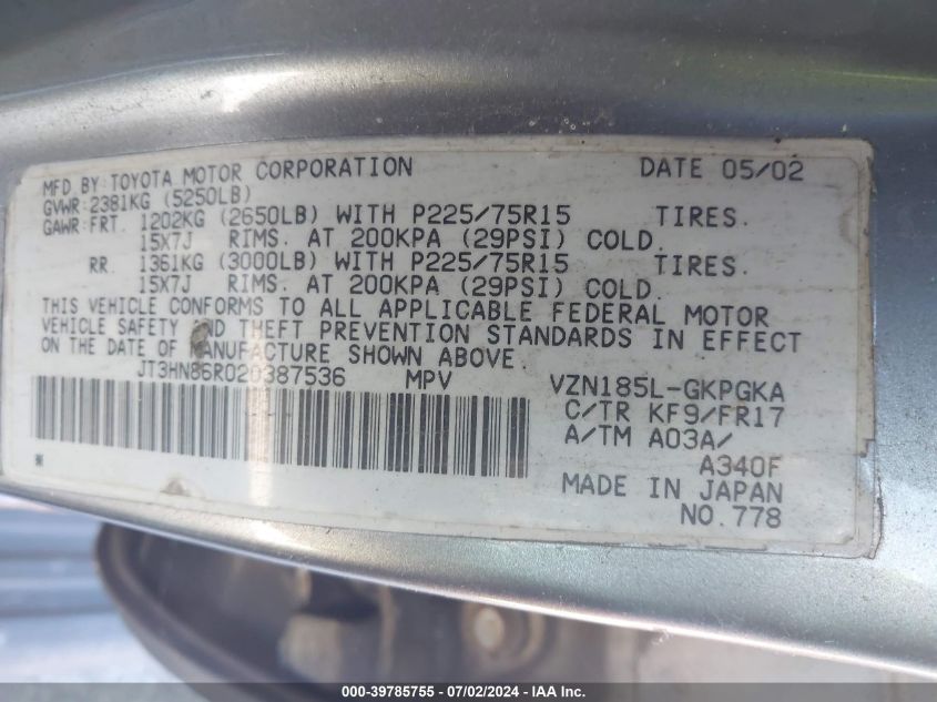 2002 Toyota 4Runner Sr5 V6 VIN: JT3HN86R020387536 Lot: 39785755