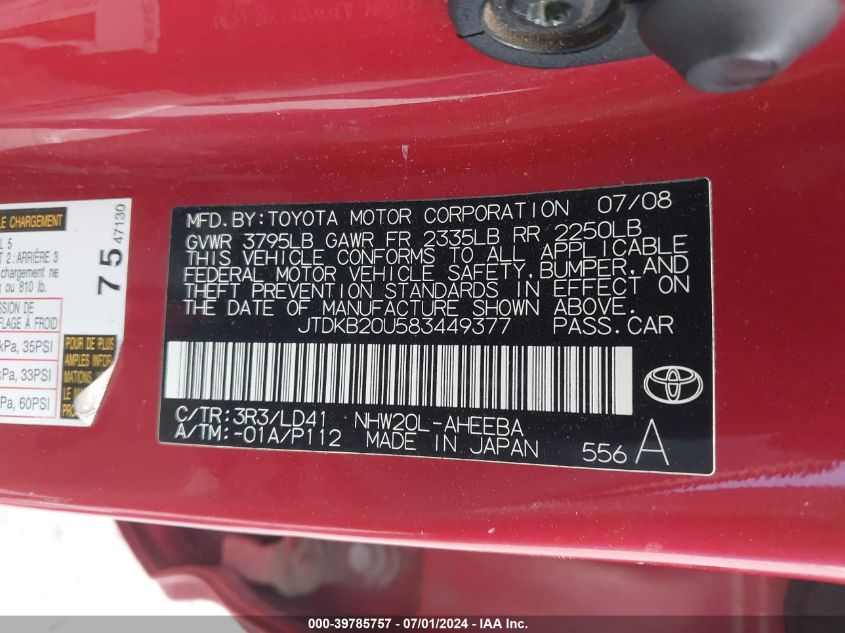 2008 Toyota Prius VIN: JTDKB20U583449377 Lot: 39785757