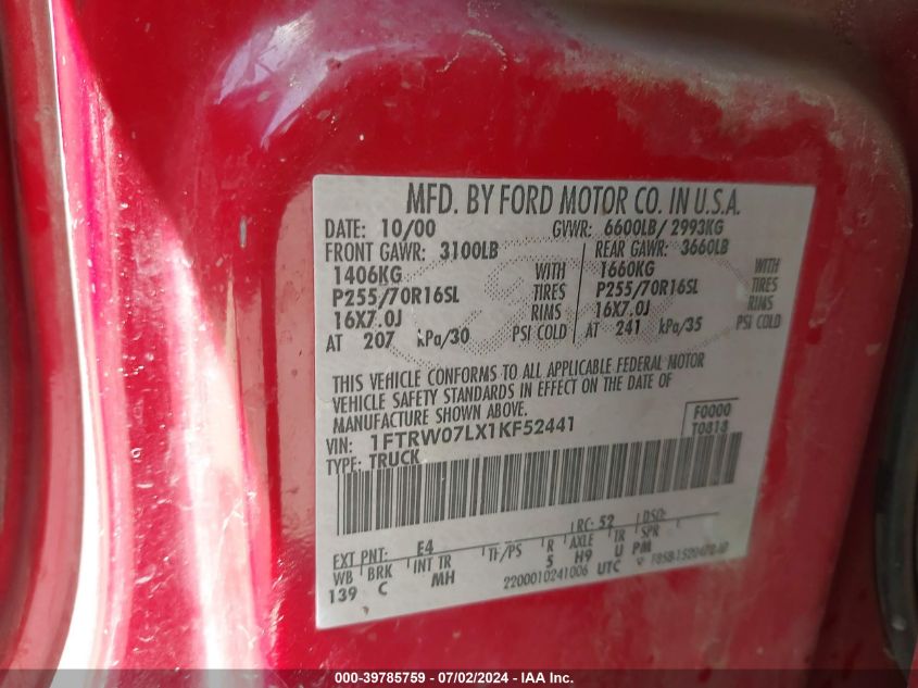 2001 Ford F150 Supercrew VIN: 1FTRW07LX1KF52441 Lot: 39785759