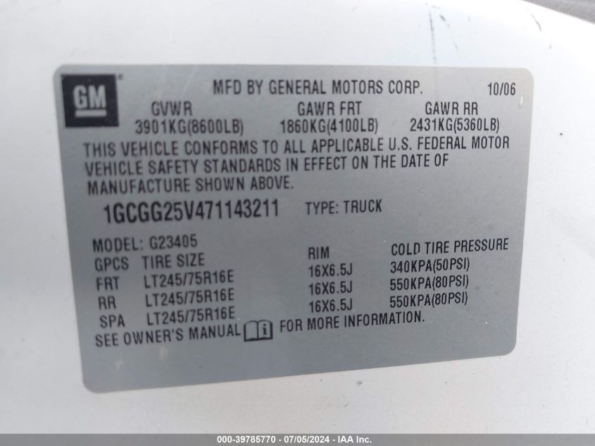 2007 Chevrolet Express Work Van VIN: 1GCGG25V471143211 Lot: 39785770