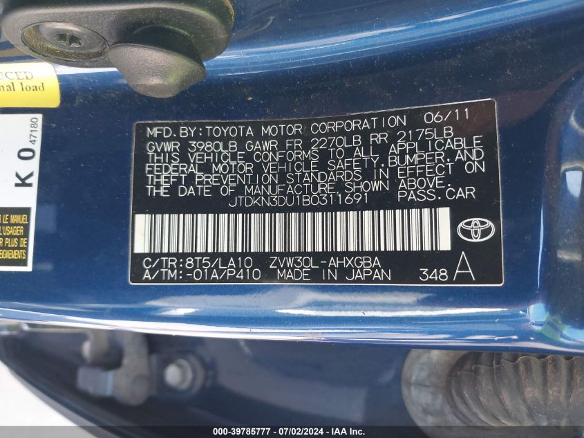 2011 Toyota Prius Five VIN: JTDKN3DU1B0311691 Lot: 39785777