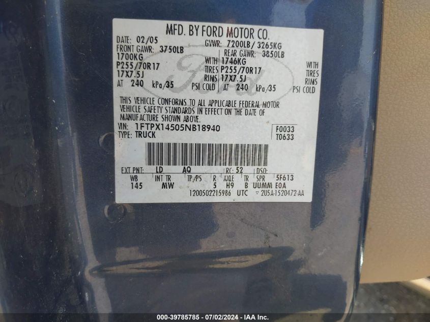 2005 Ford F-150 Fx4/Lariat/Xl/Xlt VIN: 1FTPX14505NB18940 Lot: 39785785