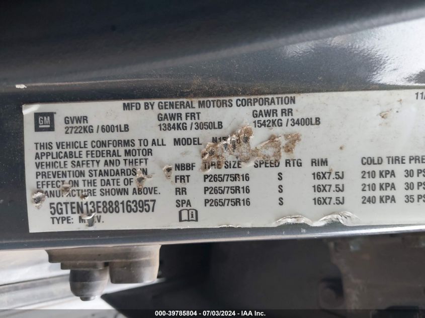 2008 Hummer H3 VIN: 5GTEN13E888163957 Lot: 39785804