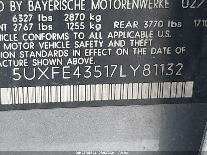 2007 BMW X5 3.0Si VIN: 5UXFE43517LY81132 Lot: 39785803