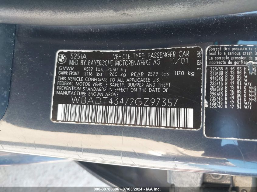 2002 BMW 525Ia VIN: WBADT43472GZ97357 Lot: 39785806
