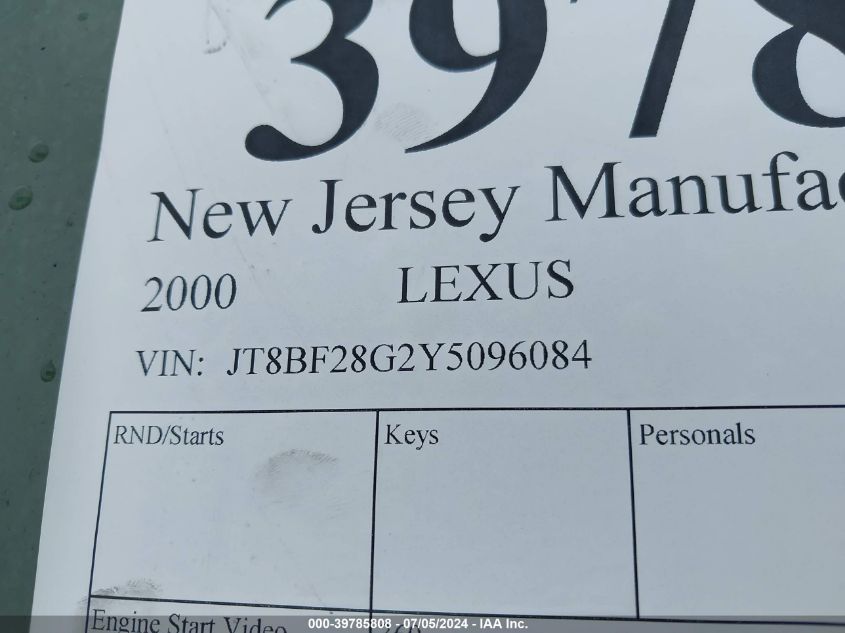2000 Lexus Es 300 VIN: JT8BF28G2Y5096084 Lot: 39785808