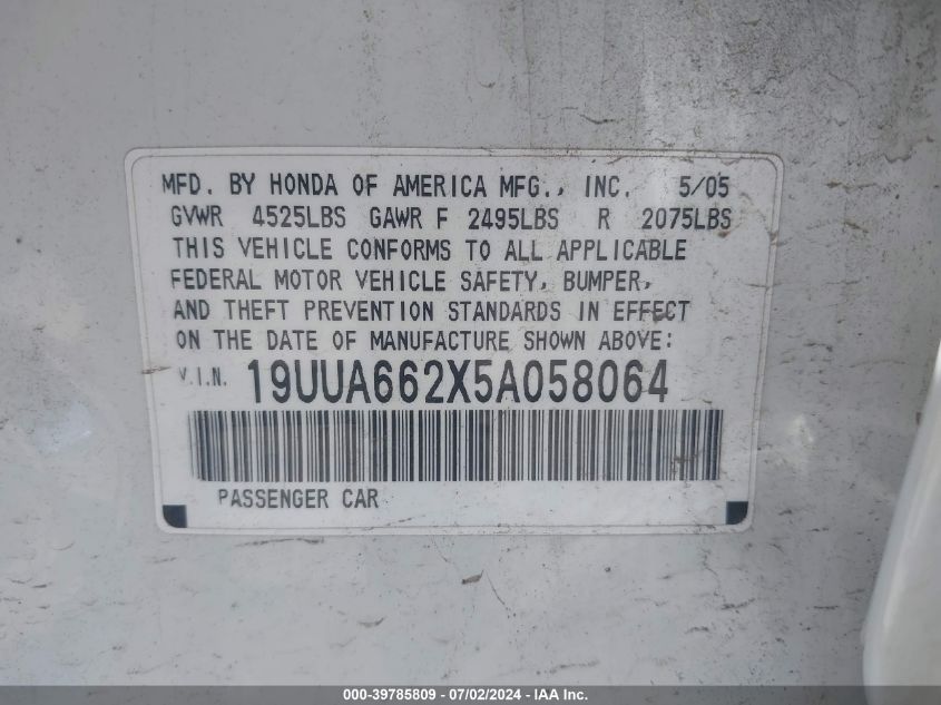 2005 Acura Tl VIN: 19UUA662X5A058064 Lot: 39785809