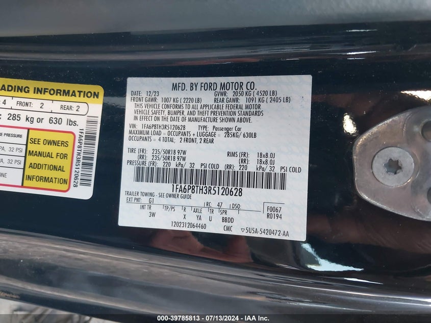 2024 FORD MUSTANG 2.3L I-4 DI, DOHC, V(VIN: 1FA6P8TH3R5120628