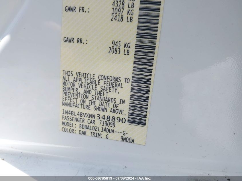 2022 Nissan Altima S Fwd VIN: 1N4BL4BVXNN348890 Lot: 39785819