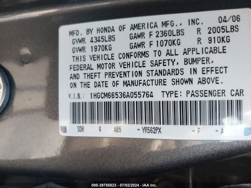 2006 Honda Accord 3.0 Ex VIN: 1HGCM66536A055764 Lot: 39785823