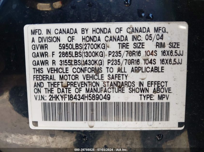 2004 Honda Pilot Ex VIN: 2HKYF18434H589049 Lot: 39785825