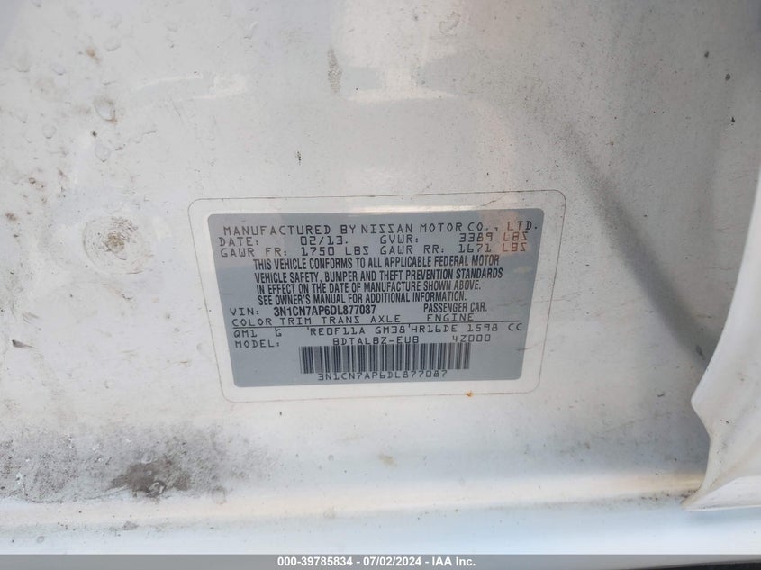 2013 Nissan Versa 1.6 Sv VIN: 3N1CN7AP6DL877087 Lot: 39785834