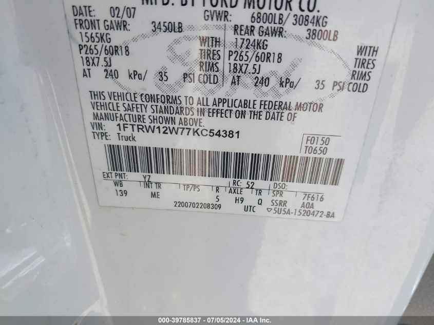 2007 Ford F-150 Xlt VIN: 1FTRW12W77KC54381 Lot: 39785837