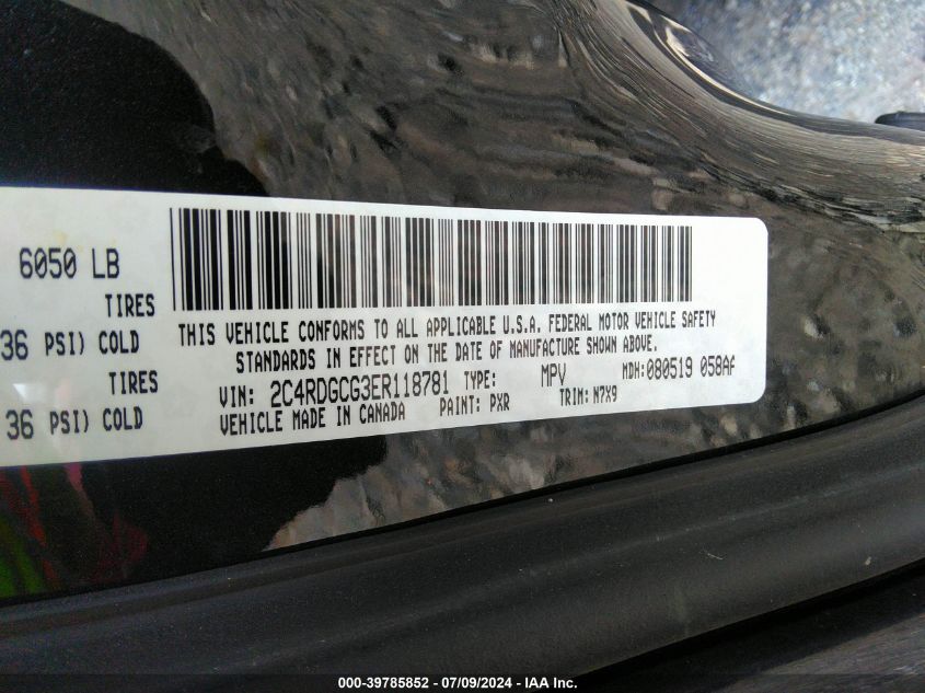 2014 Dodge Grand Caravan Sxt VIN: 2C4RDGCG3ER118781 Lot: 39785852