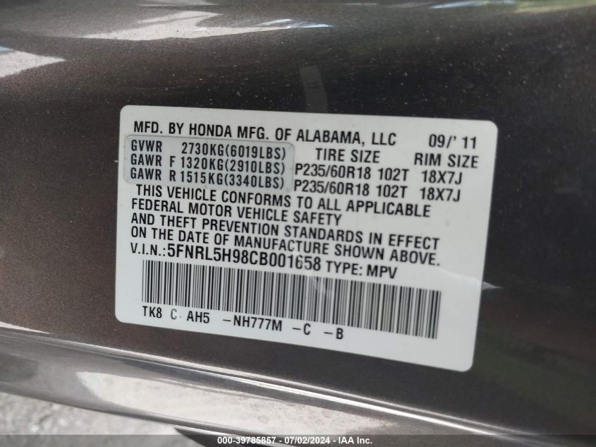 2012 Honda Odyssey Touring/Touring Elite VIN: 5FNRL5H98CB001658 Lot: 39785857