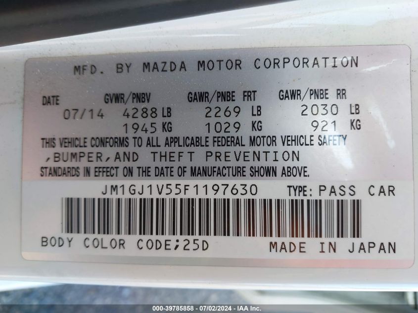 2015 Mazda Mazda6 I Touring VIN: JM1GJ1V55F1197630 Lot: 39785858