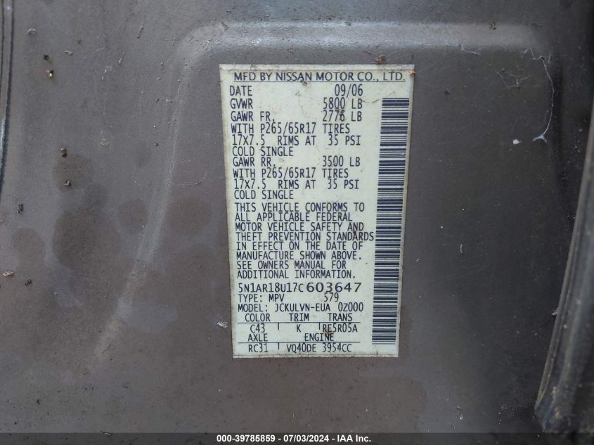2007 Nissan Pathfinder Le/Se/Xe VIN: 5N1AR18U17C603647 Lot: 39785859