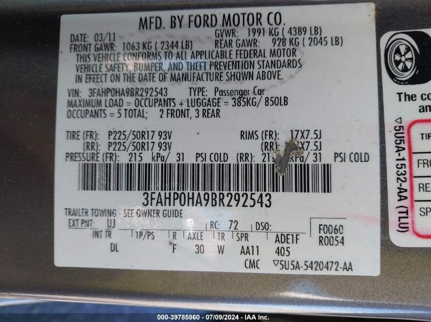 2011 Ford Fusion Se VIN: 3FAHP0HA9BR292543 Lot: 39785860