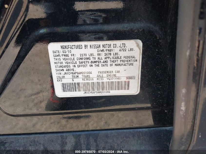 2010 Infiniti G37 Sport VIN: JN1CV6AP0AM201004 Lot: 39785870