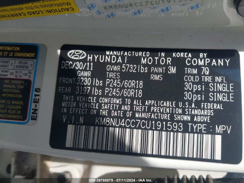 2012 Hyundai Veracruz Limited VIN: KM8NU4CC7CU191593 Lot: 39785879