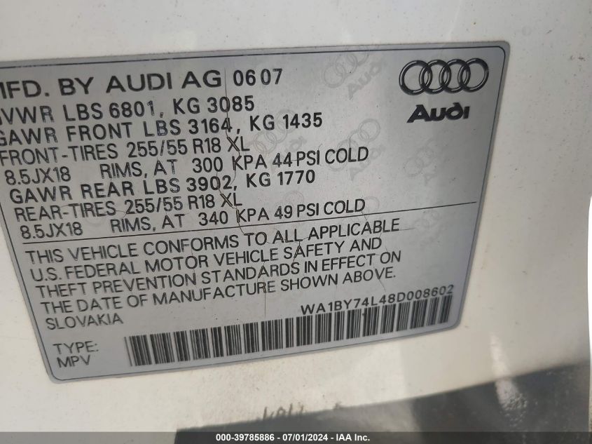 2008 Audi Q7 3.6 Premium VIN: WA1BY74L48D008602 Lot: 39785886